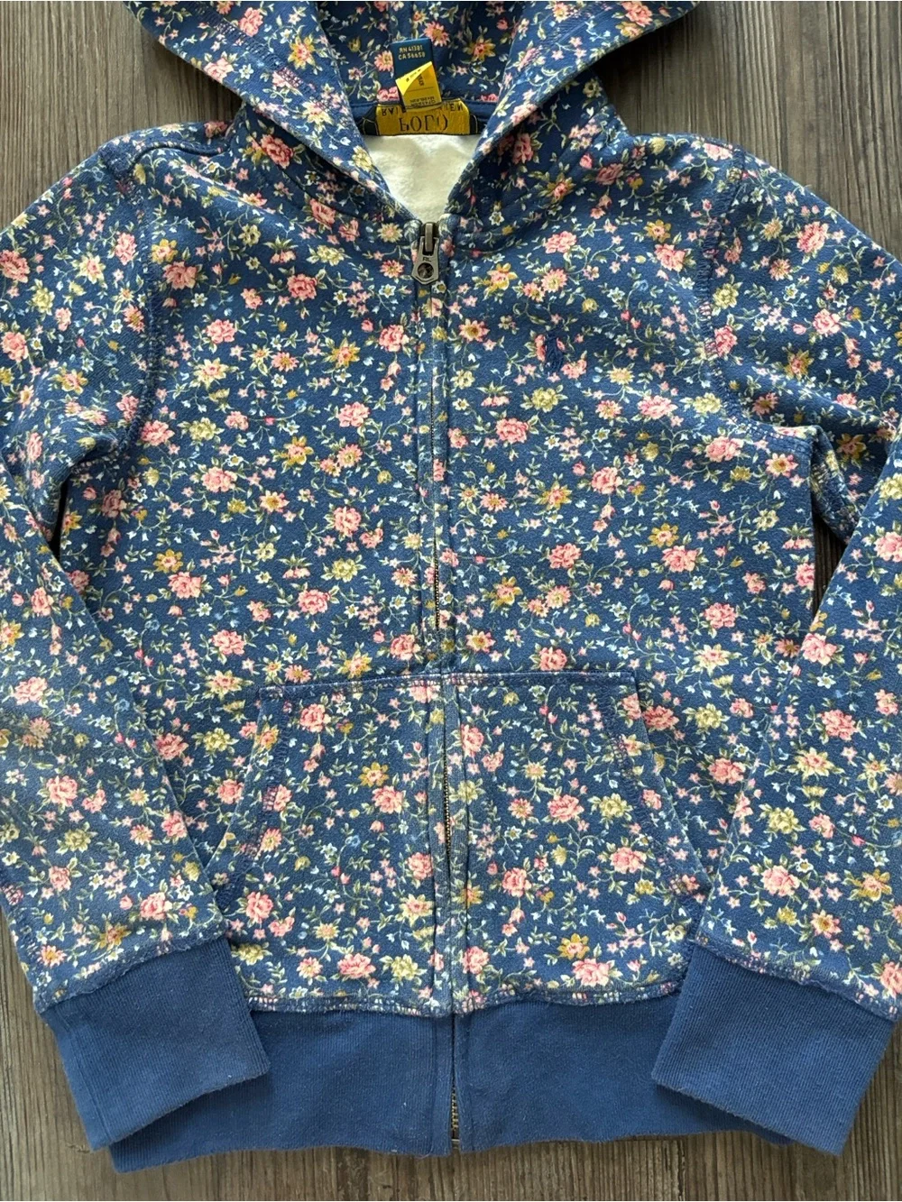POLO RALPH LAUREN FLORAL FLEECE FULL-ZIP HOODIE BLUE KIDS SMALL